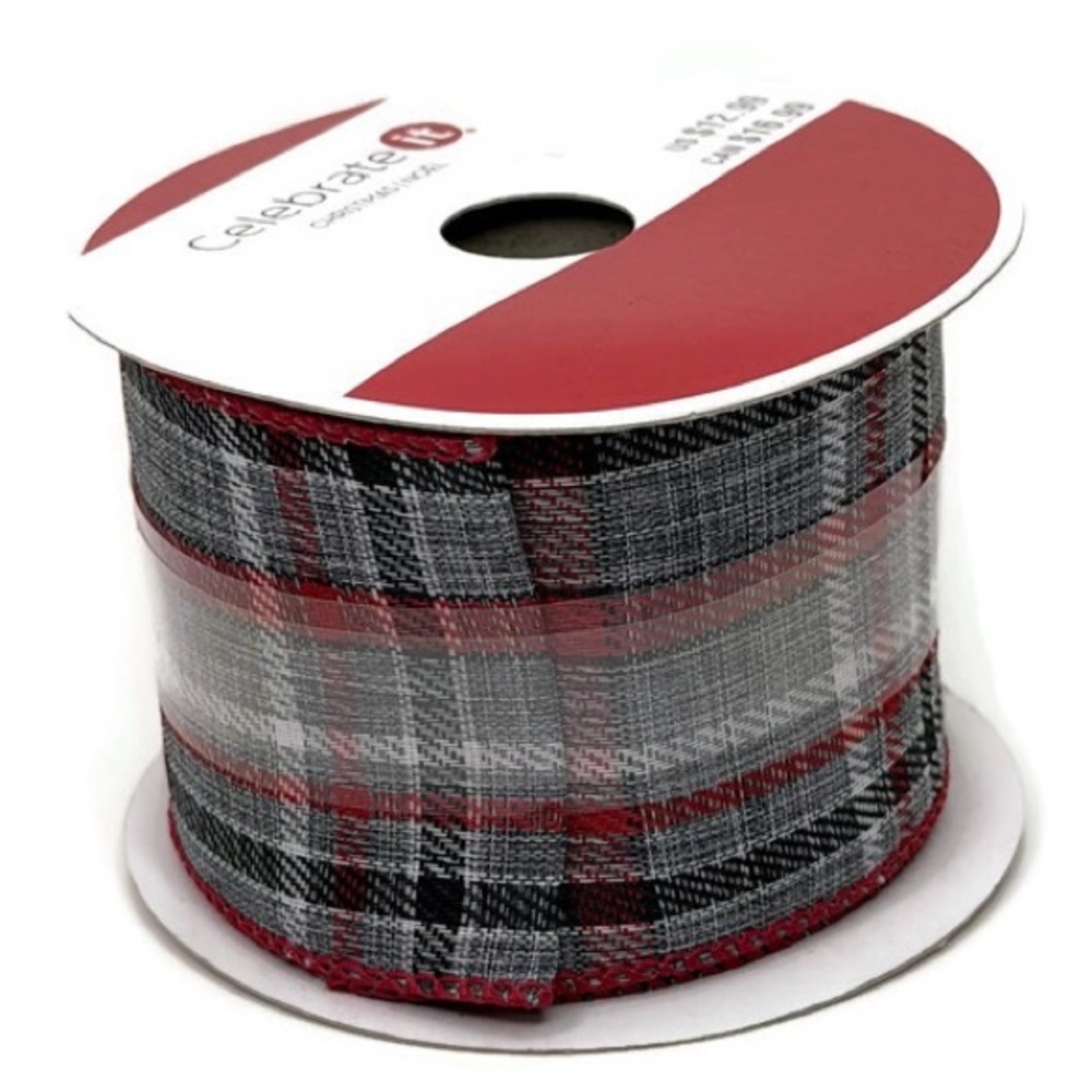 NWT Grey Black Red White Plaid Wired Ribbon 2 1/2” Wide